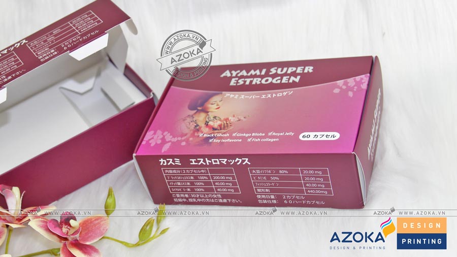 Mẫu hộp giấy nắp gài đựng thực phẩm chức năng Estrogen được gia công ép kim