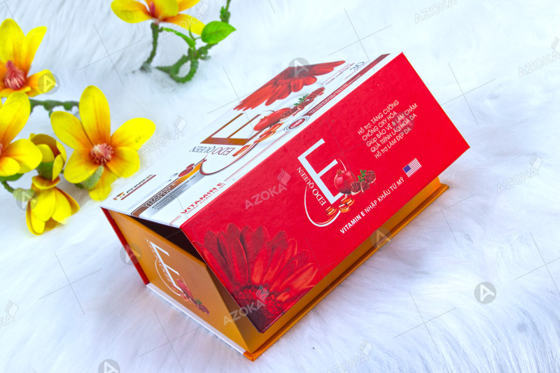 Mẫu hộp giấy đựng thuốc viên uống vitamin Edo Queen E do Azoka thực hiện thiết kế và in ấn