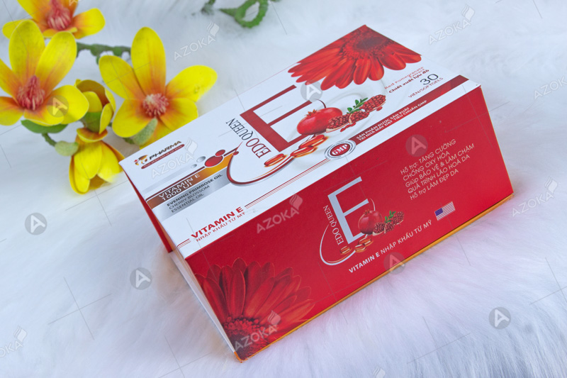 Mẫu hộp giấy đựng thuốc viên uống vitamin Edo Queen E do Azoka thực hiện thiết kế và in ấn