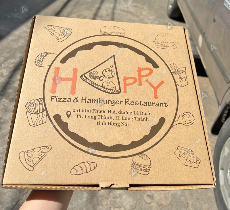 Hộp pizza nắp gài thương hiệu Happy do Azoka thiết kế và in ấn