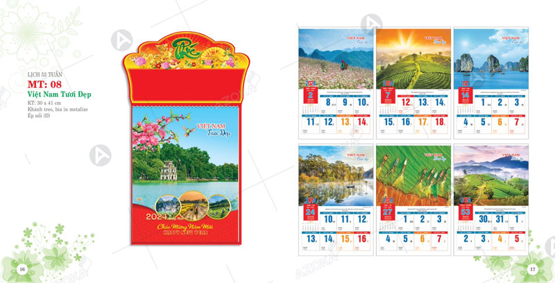 Mẫu lịch Tết 52 tuần thiết kế bối cảnh Việt Nam tươi đẹp