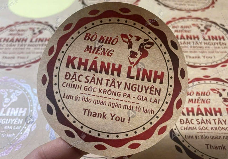Mẫu tem decal giấy kraft dán bò khô miếng Khánh Linh