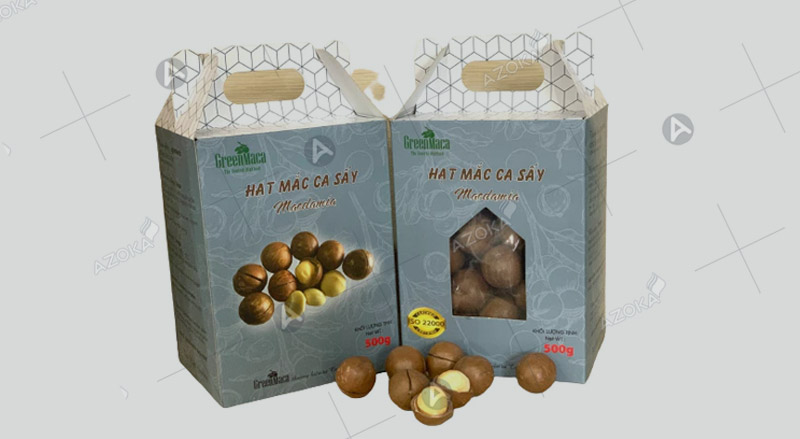 In hộp giấy có quai xách đựng hạt macca