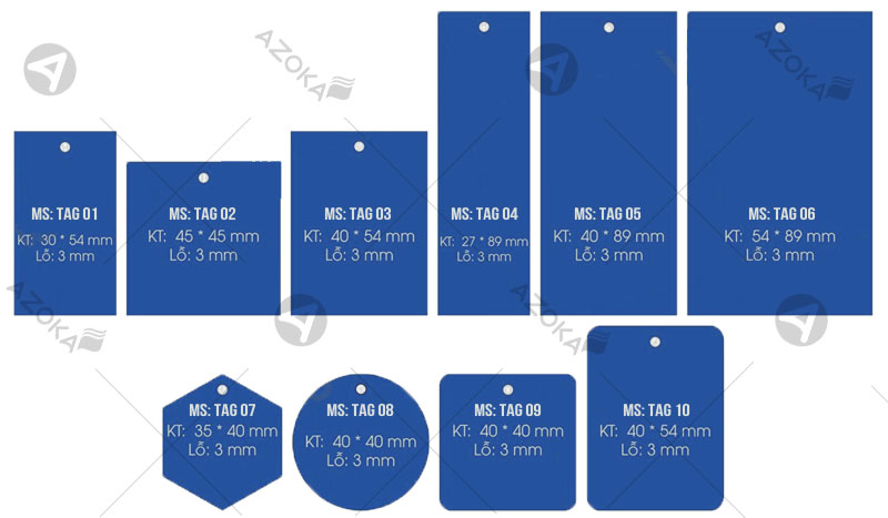 Hình dạng và kích thước tag quần áo có mã số từ 1 đến 10