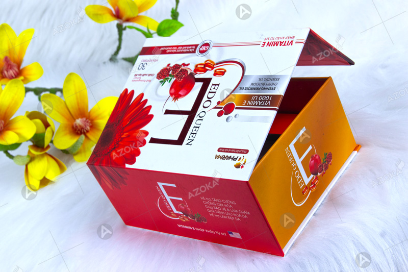 Mẫu hộp giấy đựng thuốc viên uống vitamin Edo Queen E do Azoka thực hiện thiết kế và in ấn