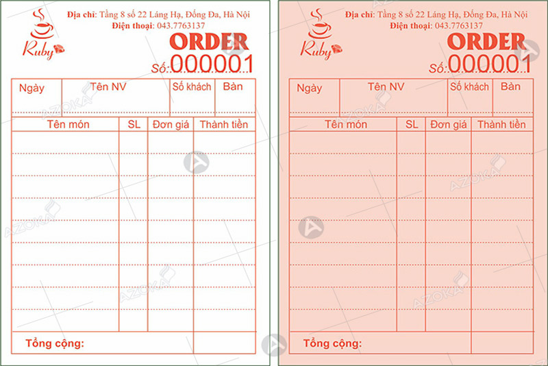 Mẫu order 2 liên dành cho các quán coffee