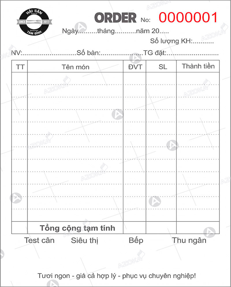Mẫu order 1 liên của Hải Sản Tam Đỉnh do Azoka thiết kế